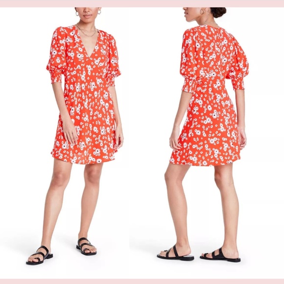 NWT $45 RIXO for Target [ 2 ] Floral Puff Sleeve Swing‎ Dress in Red Daisy - Picture 15 of 15